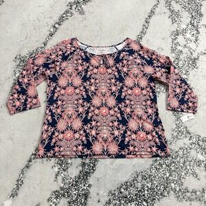 Talbots Shirt Womens Sz XL Floral Knit Top Cotton Modal 3/4 Sleeve Navy Pink